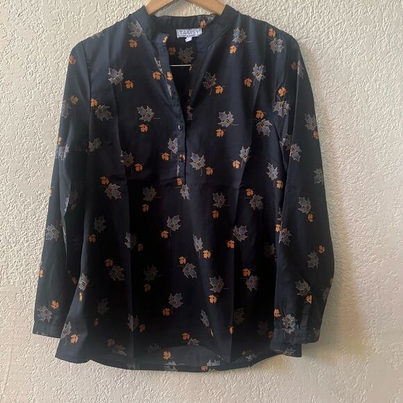 TAMSY Maple Leaf Pattern Blouse Woven Polyester Button Up Full Sleeve Black - Picture 2 of 9